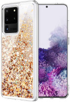 Луксозен силиконов гръб ТПУ FASHION с течност и златист брокат за Samsung Galaxy S20 Ultra G988 прозрачен 